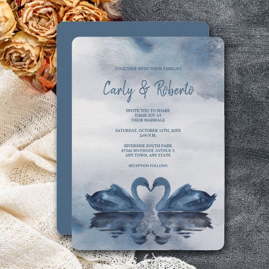 Invitation Mariage romantique double bleu cygne