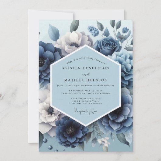 Invitation Mariage romantique Dusty Blue Flora (Devant)