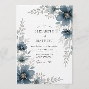 Invitation Mariage Romantique et Artistique Bleu Ardoise