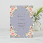 Invitation Mariage Romantique Fleur Bleu Ardoise (Debout devant)