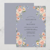 Invitation Mariage Romantique Fleur Bleu Ardoise (Devant / Derrière)
