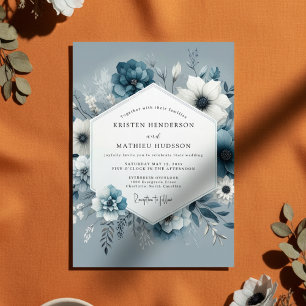 Invitation Mariage Romantique Fleur Bleu Ardoise
