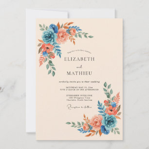 Invitation Mariage Romantique Fleur Bleu Corail