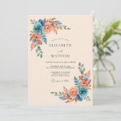 Invitation Mariage Romantique Fleur Bleu Corail (Debout devant)