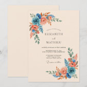 Invitation Mariage Romantique Fleur Bleu Corail (Devant / Derrière)