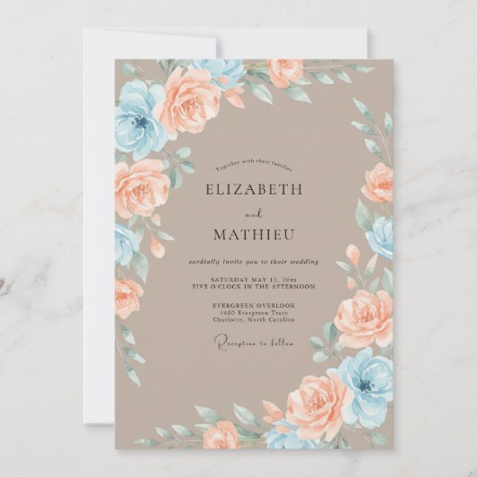 Invitation Mariage Romantique Fleur Bleu Pêche (Devant)
