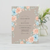 Invitation Mariage Romantique Fleur Bleu Pêche (Debout devant)
