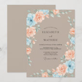 Invitation Mariage Romantique Fleur Bleu Pêche (Devant / Derrière)