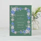 Invitation Mariage Romantique Fleur Bleue Argent (Debout devant)