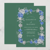 Invitation Mariage Romantique Fleur Bleue Argent (Devant / Derrière)