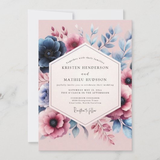 Invitation Mariage Romantique Fleur Bleue Poussiéreuse (Devant)