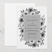Invitation Mariage Romantique Fleur Charbon (Devant / Derrière)
