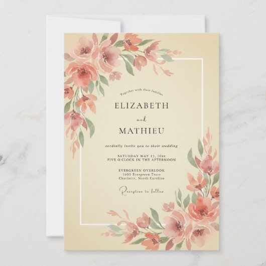 Invitation Mariage Romantique Fleur de Corail (Devant)