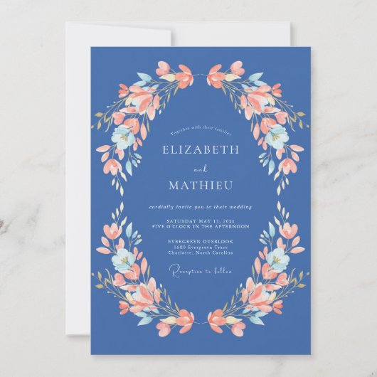 Invitation Mariage Romantique Fleur de Corail Bleu (Devant)