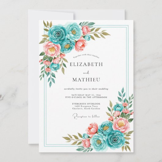 Invitation Mariage Romantique Fleur de Corail Sarcelle (Devant)