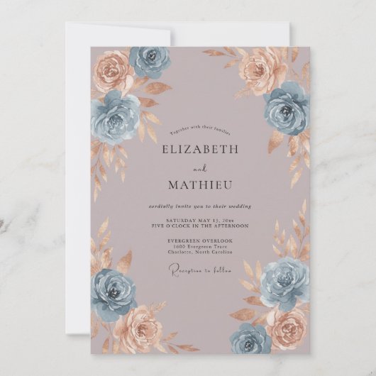 Invitation Mariage Romantique Fleur de Pêcher Bleu (Devant)