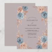 Invitation Mariage Romantique Fleur de Pêcher Bleu (Devant / Derrière)