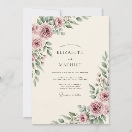 Invitation Mariage Romantique Fleur de Rose Poussiéreuse (Devant)