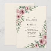 Invitation Mariage Romantique Fleur de Rose Poussiéreuse (Devant / Derrière)
