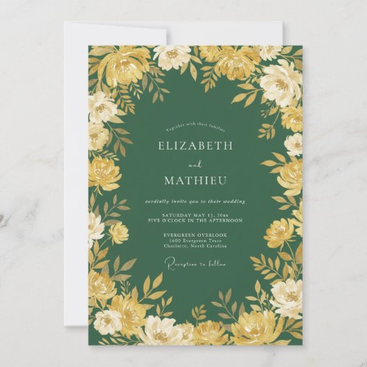 Invitation Mariage Romantique Fleur d'Or Vert Forêt (Devant)