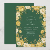 Invitation Mariage Romantique Fleur d'Or Vert Forêt (Devant / Derrière)