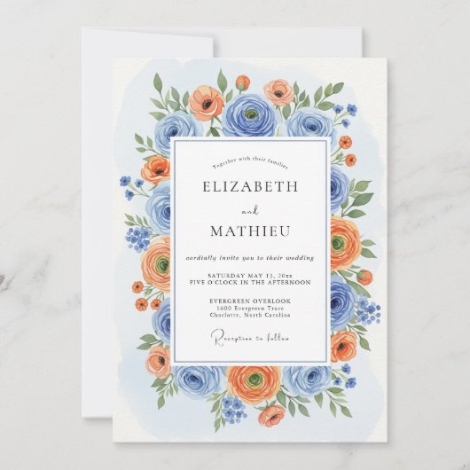 Invitation Mariage Romantique Fleur d'Oranger Bleue (Devant)