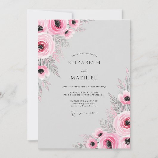 Invitation Mariage Romantique Fleur Douce Rose (Devant)