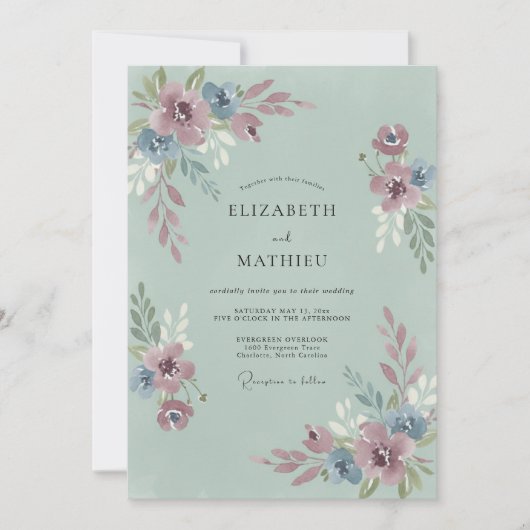 Invitation Mariage Romantique Fleur Dusty Blue (Devant)