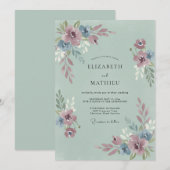 Invitation Mariage Romantique Fleur Dusty Blue (Devant / Derrière)