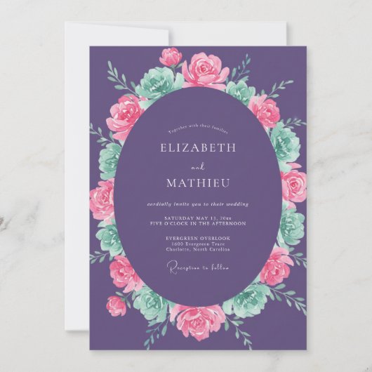 Invitation Mariage Romantique Fleur Fleurie Violette (Devant)