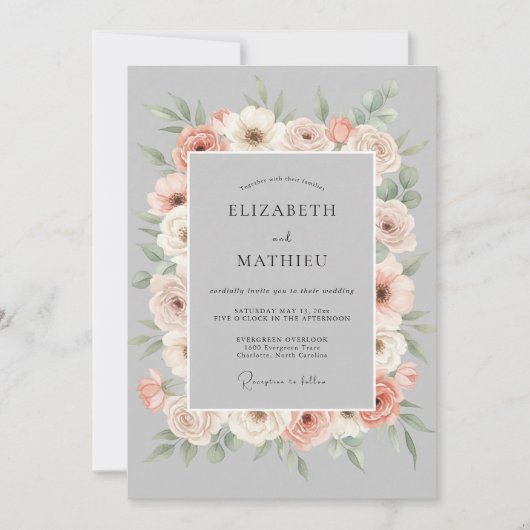 Invitation Mariage Romantique Fleur Gray pêche (Devant)