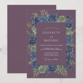 Invitation Mariage Romantique Fleur Indigo (Devant / Derrière)