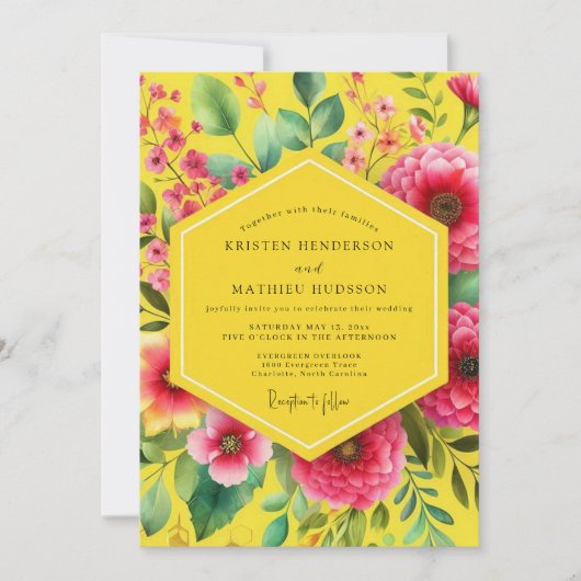 Invitation Mariage Romantique Fleur Jaune Floraison (Devant)