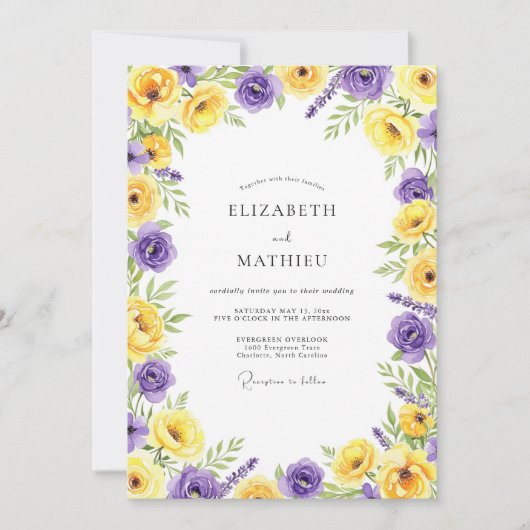 Invitation Mariage Romantique Fleur Jaune Violet (Devant)