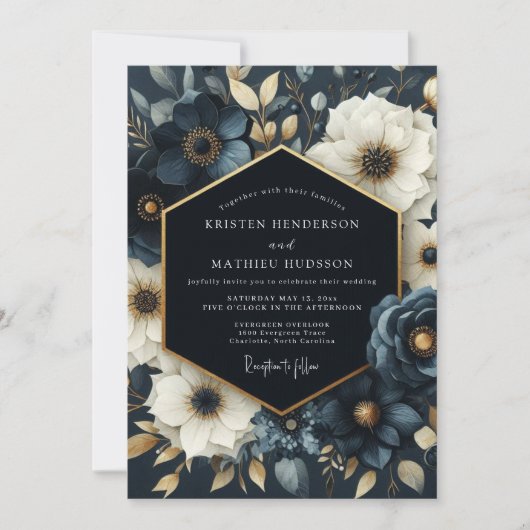 Invitation Mariage Romantique Fleur Navy (Devant)