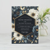 Invitation Mariage Romantique Fleur Navy (Debout devant)