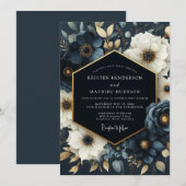 Invitation Mariage Romantique Fleur Navy (Devant / Derrière)