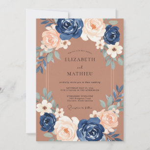 Invitation Mariage Romantique Fleur Navy Pêche