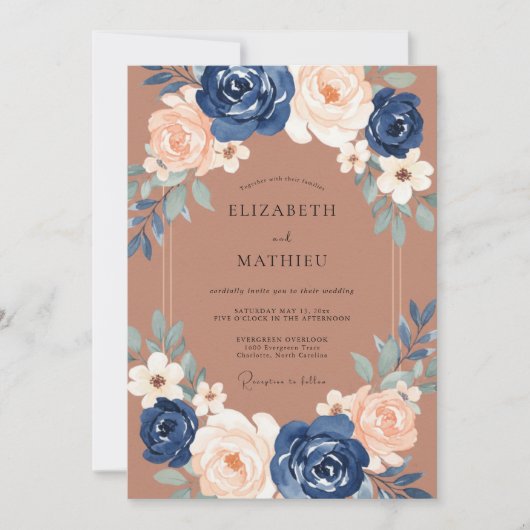Invitation Mariage Romantique Fleur Navy Pêche (Devant)
