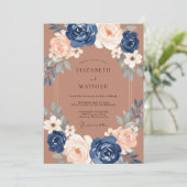 Invitation Mariage Romantique Fleur Navy Pêche (Debout devant)