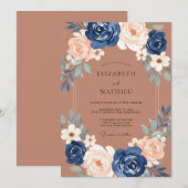 Invitation Mariage Romantique Fleur Navy Pêche (Devant / Derrière)