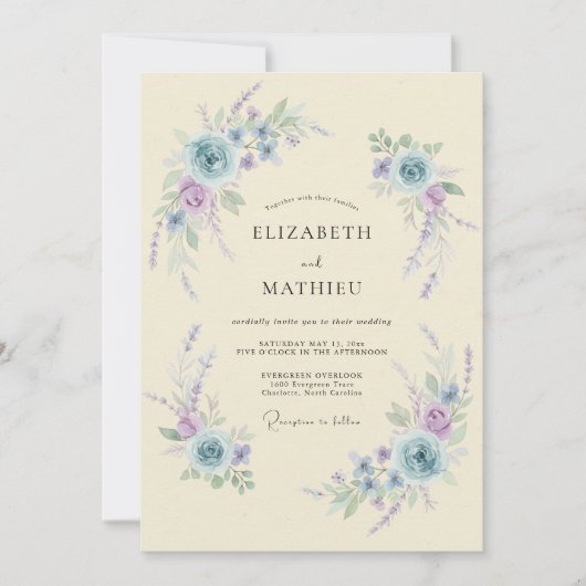 Invitation Mariage Romantique Fleur Pâle Bleue (Devant)