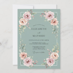 Invitation Mariage Romantique Fleur Rose Sauge