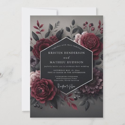 Invitation Mariage Romantique Fleur Rouge Profond (Devant)