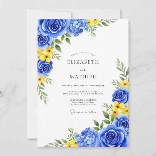 Invitation Mariage Romantique Fleur Royale Bleue (Devant)
