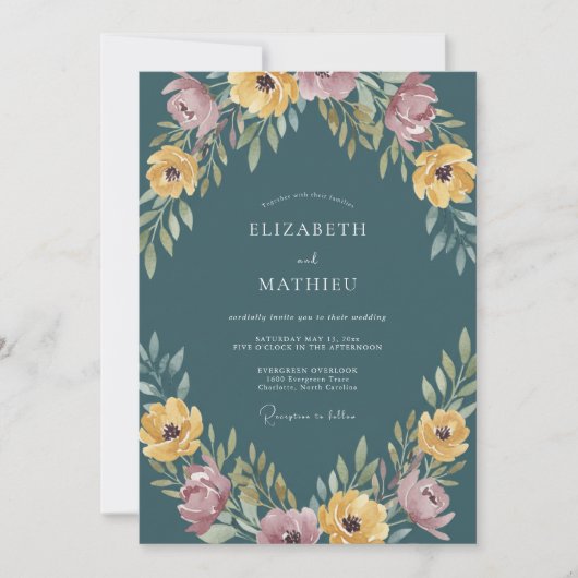 Invitation Mariage Romantique Fleur Teal (Devant)