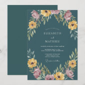 Invitation Mariage Romantique Fleur Teal (Devant / Derrière)