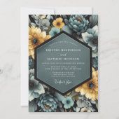Invitation Mariage Romantique Fleur Teal Jaune (Devant)