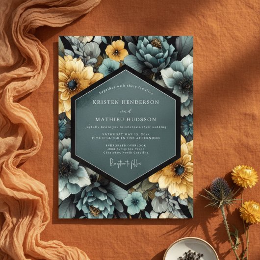 Invitation Mariage Romantique Fleur Teal Jaune