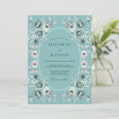 Invitation Mariage Romantique Fleur Teintée de Bleu Vert (Debout devant)